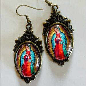Our Lady of Guadalupe Dangle Earrings Vintage Style Brass Setting